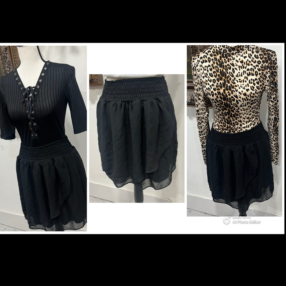Fashion nova Leopard Print Bodysuit, and Iris bodysuit black color ,black skirt